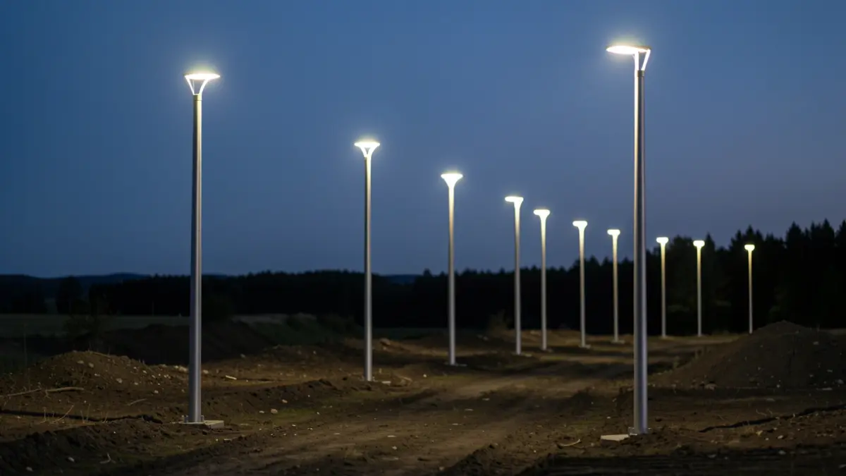 Image of new streetlights installed on a road crossing a natural space.