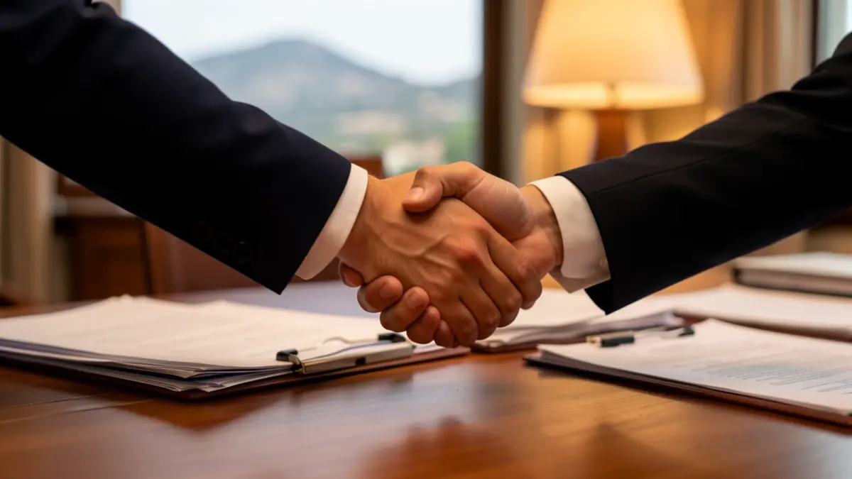 Generic image of a handshake over a desk with documents, with a blurred Canarian landscape in the background.