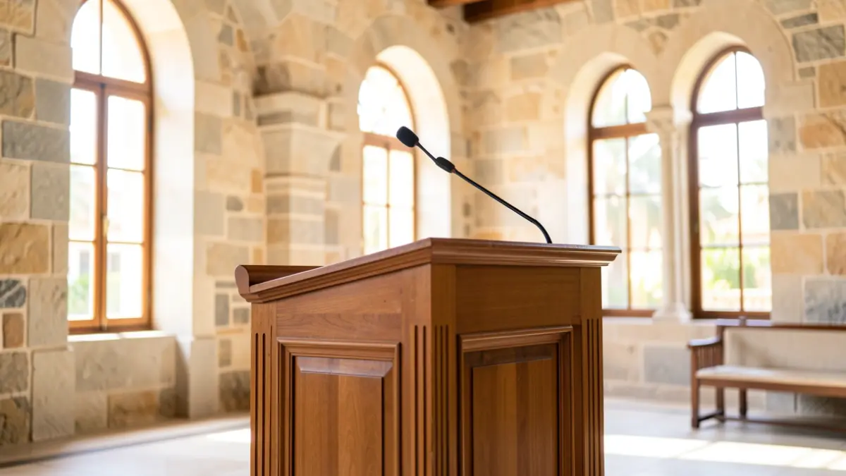 Institutional podium in a hall with traditional Canarian architecture.
