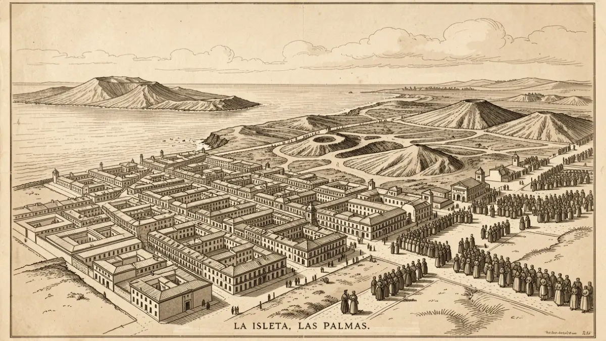 Historical sketch of an urban development plan for La Isleta, Las Palmas, showing street layouts and buildings against a volcanic landscape.