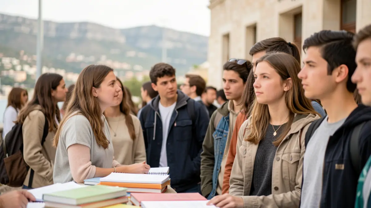 Generic image of young people and a university building with a blurred Canary Islands landscape in the background.