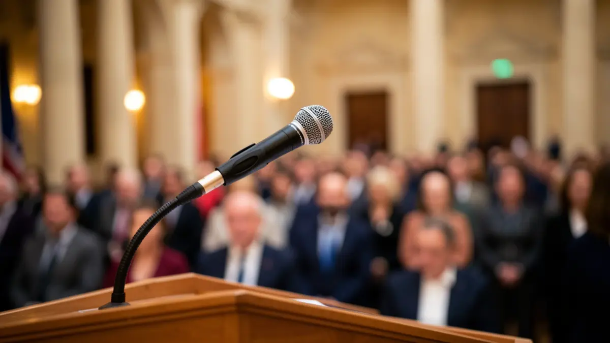 Generic image of a microphone on a podium in an institutional building.