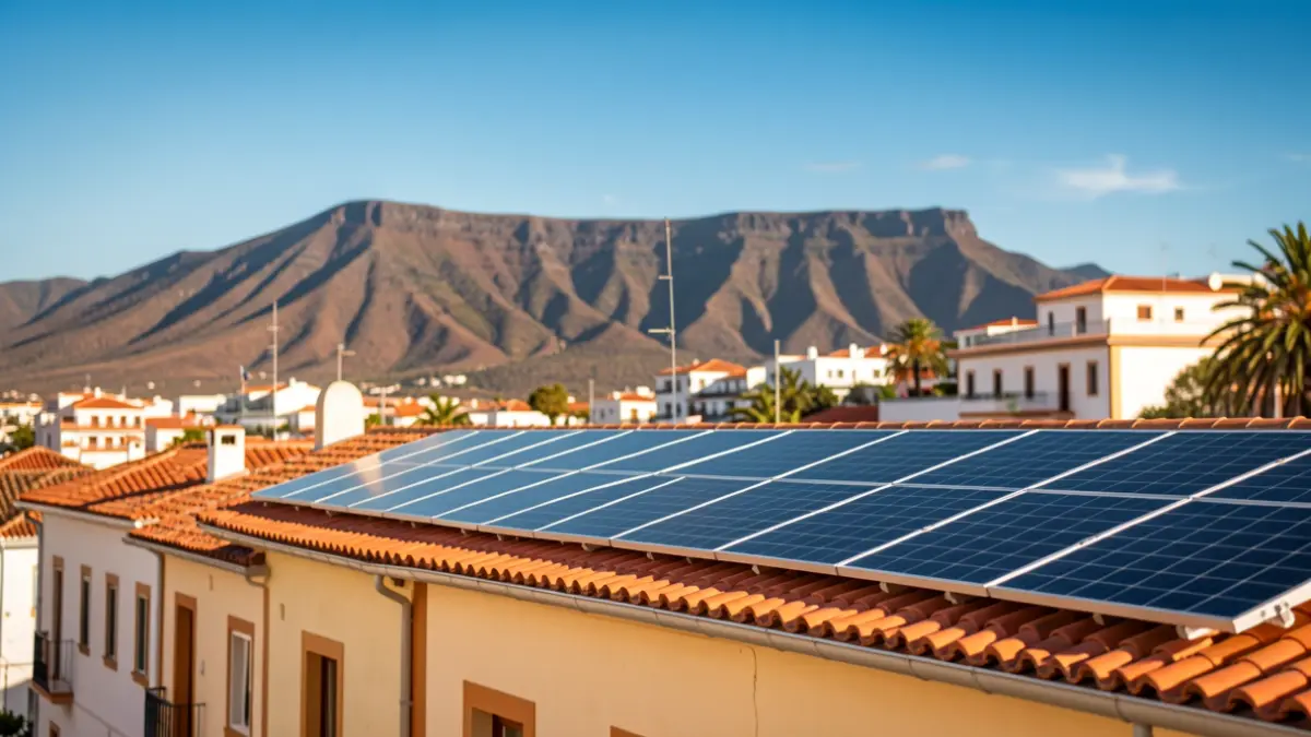 Paneles solares en el tejado de un edificio público en San Sebastián de La Gomera, con montañas volcánicas al fondo.