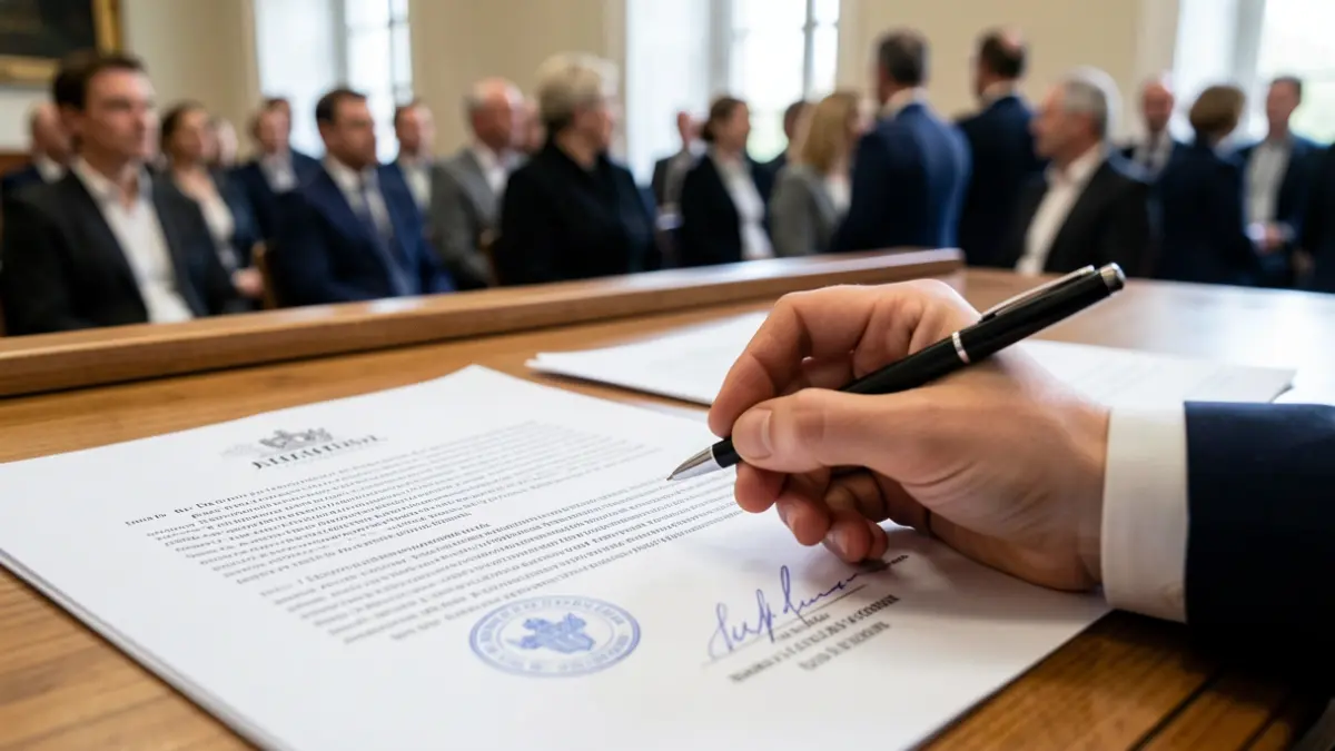 Imagen genérica de un documento legal con sellos y una mano a punto de firmar.