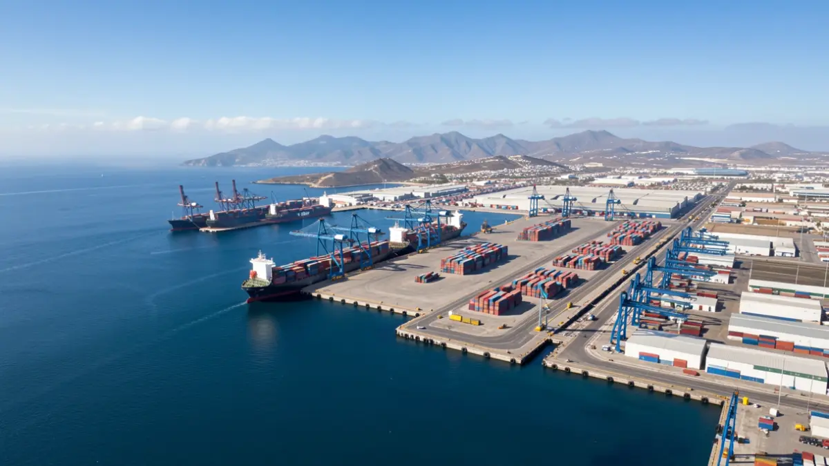 Aerial view of a large port with container ships docked and cranes in operation in the Canary Islands.