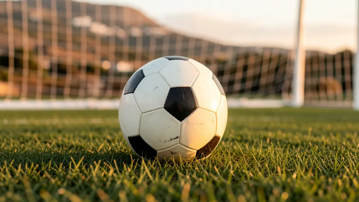 Generic image of a soccer ball on grass with a blurred goal net in the background.