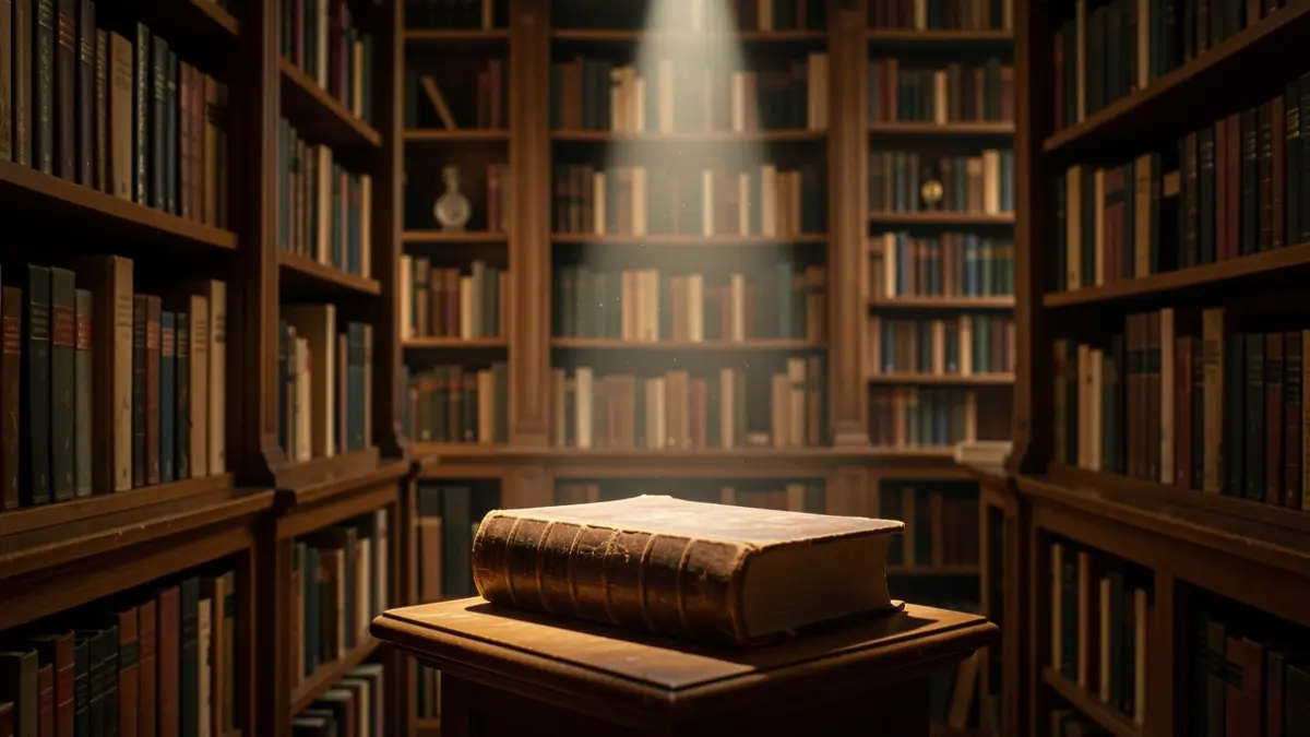 Generic image of a library with old books and dim light.