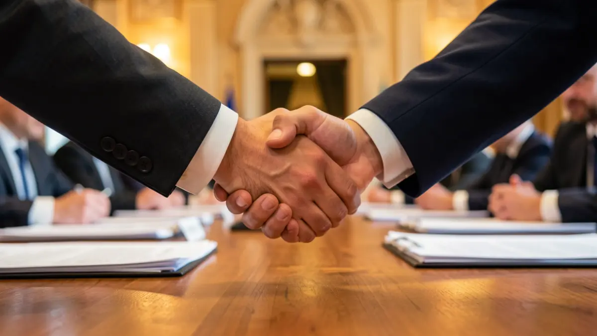 Generic image of two people in suits shaking hands during a formal meeting.
