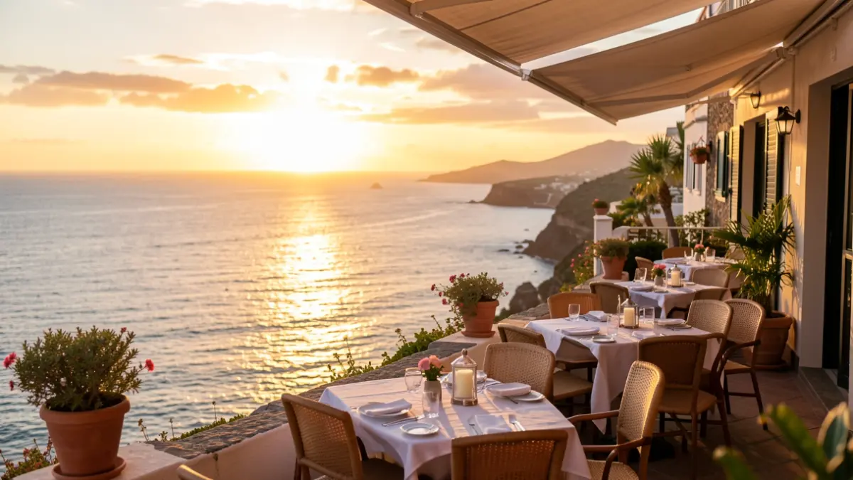 Restaurant terrace overlooking the Atlantic Ocean at sunset.