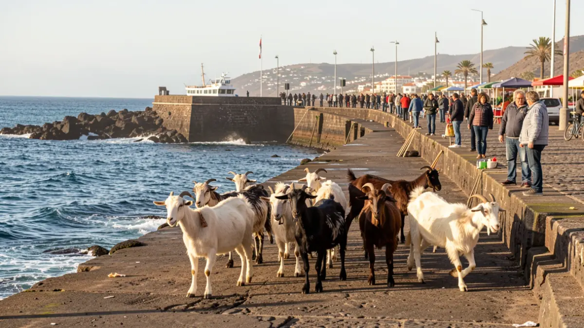 Imagen de cabras siendo llevadas al mar en el muelle de Puerto de la Cruz durante la festividad de San Juan.
