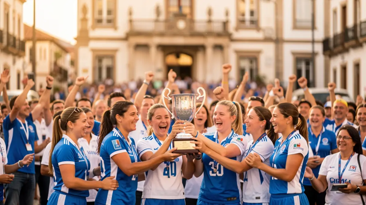 Jugadoras del Rocasa Gran Canaria celebrando su título de liga frente al Ayuntamiento de Telde.