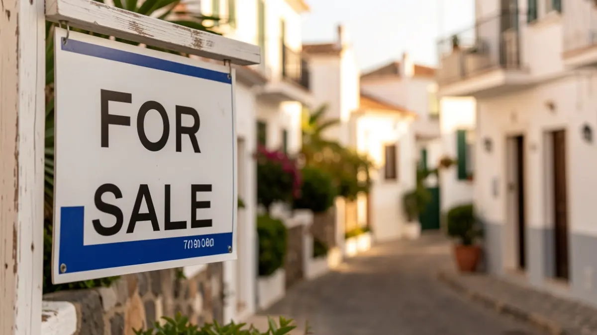 A 'For Sale' sign in front of a residential building in the Canary Islands.