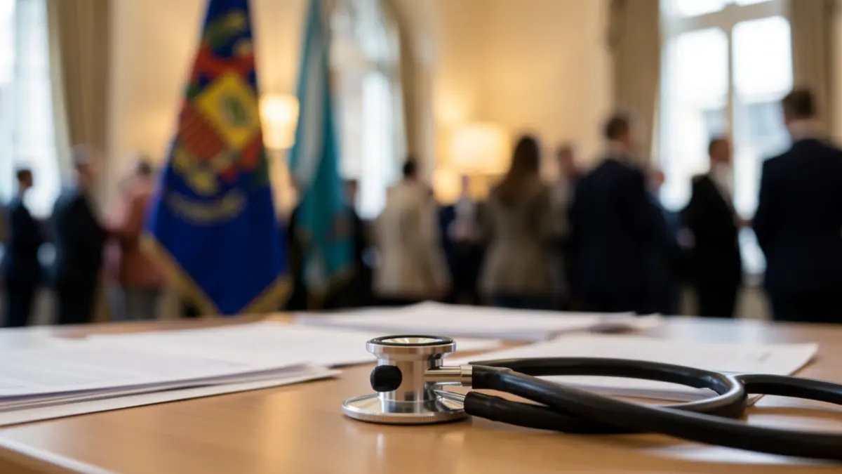 Generic image of a stethoscope on a desk with documents and a blurred Canary Islands flag.