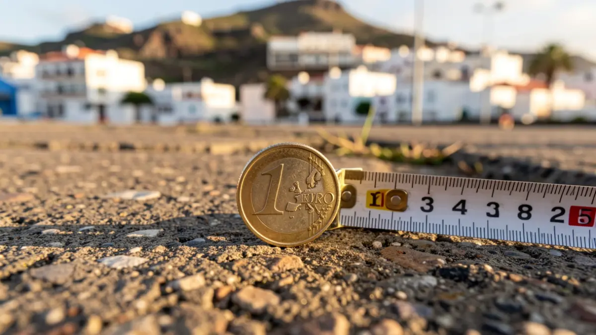 Close-up of a Spanish Euro coin and a measuring tape on a textured surface representing urban land, with a blurred background of Canary Islands architecture.