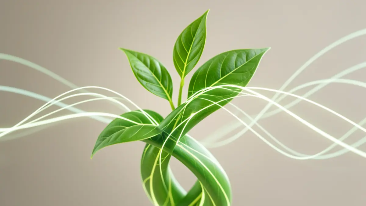 Imagen genérica de transición energética sostenible con hojas verdes y líneas de energía.