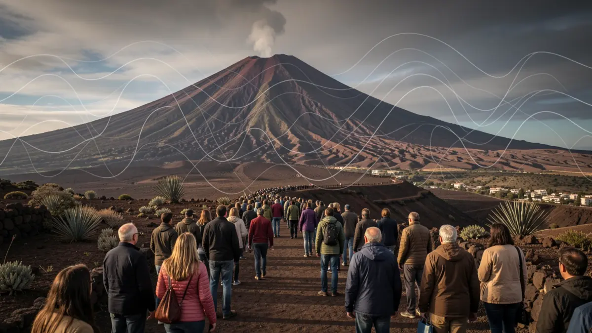 Paisaje volcánico del Teide con gráficos de ondas sísmicas.