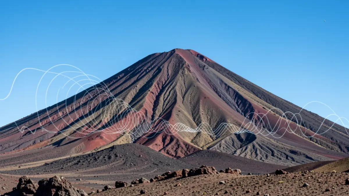 Image of Mount Teide volcano in Tenerife with seismic wave graphics.