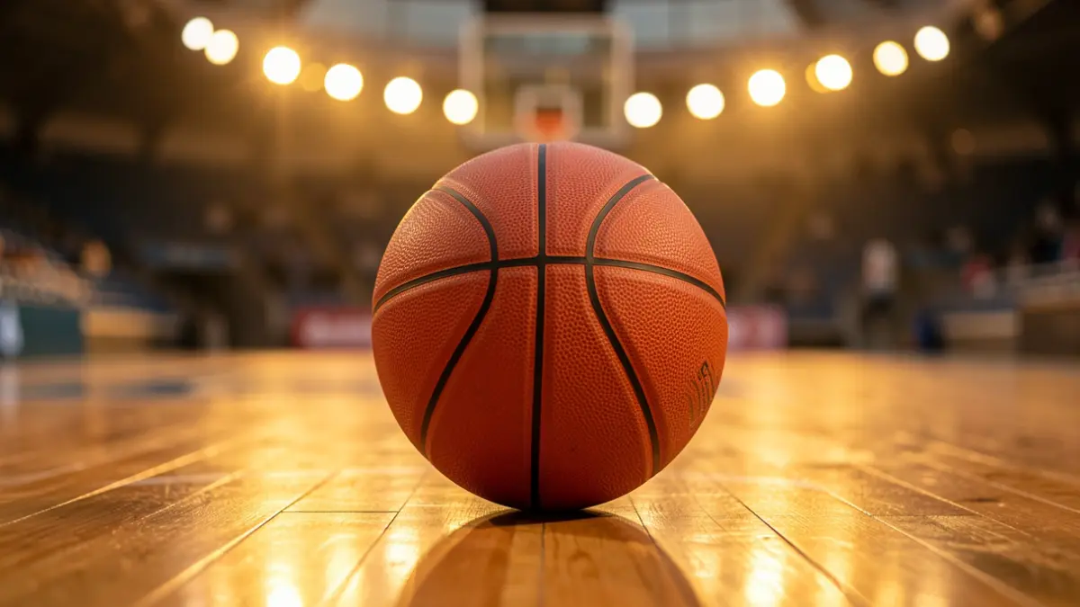 Generic image of a basketball on a professional court.