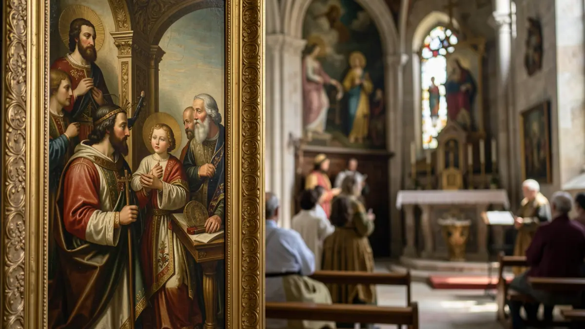Primer plano de una pintura renacentista flamenca con figuras religiosas y detalles intrincados, en el interior de una iglesia histórica de Canarias.