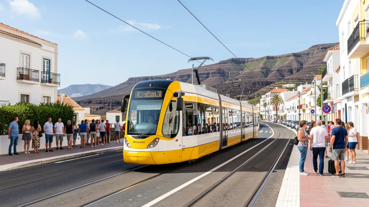 Tenerife tram operating on its summer schedule with volcanic landscape in the background.
