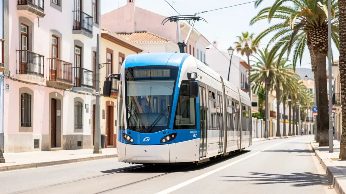 Generic image of a modern tram running on a sunny street in a Canary Islands city with traditional architecture.