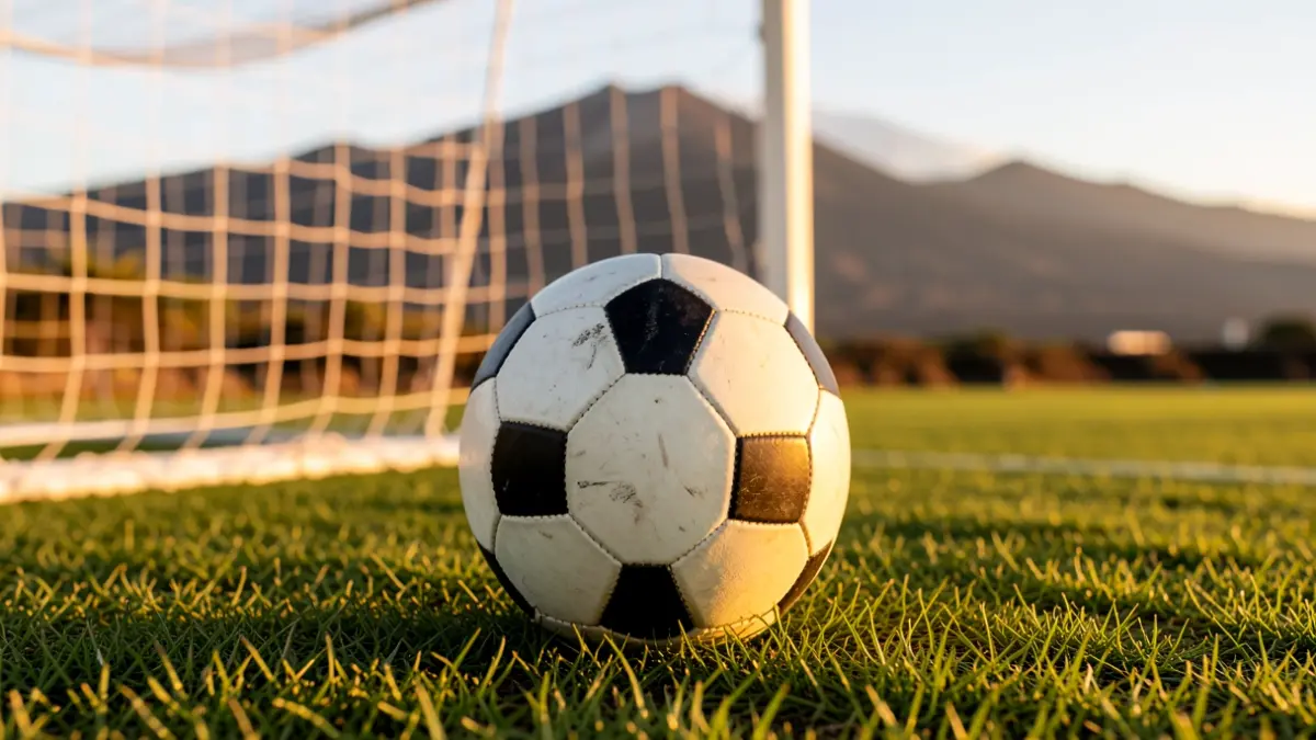 Imagen genérica de un balón de fútbol sobre césped con la red de portería desenfocada y el paisaje volcánico de Tenerife al fondo.