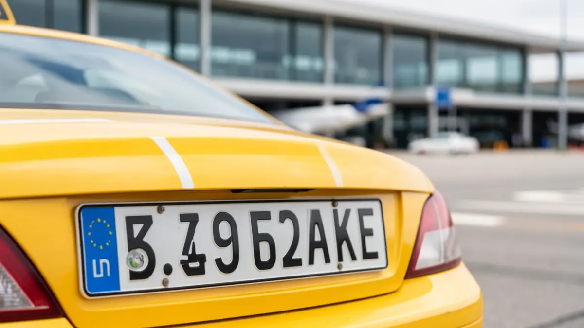 Matrícula de taxi con el aeropuerto de Gran Canaria al fondo.