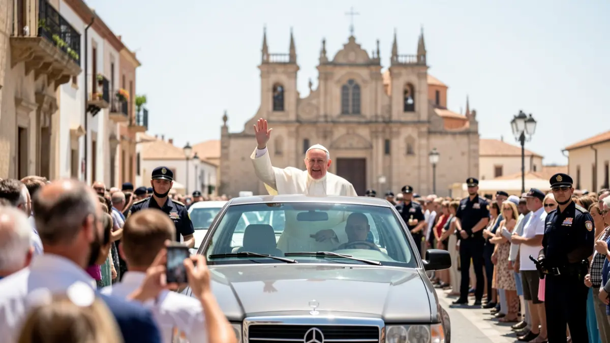 Imagen genérica de una visita papal a una isla canaria, con el Papa saludando desde el papamóvil ante una multitud y la fachada de una catedral.