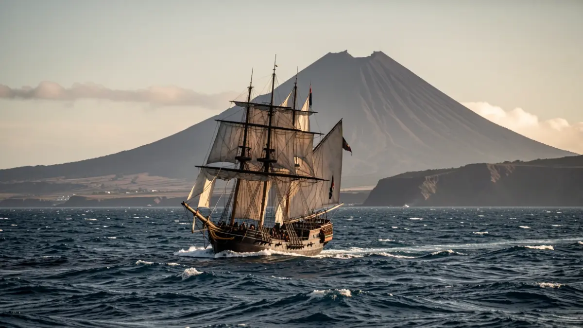 Imagen de un barco histórico navegando cerca de la costa de una isla volcánica canaria con el Teide al fondo.