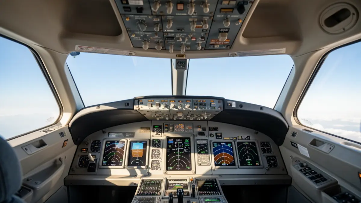 Imagen genérica de una cabina de mando de un avión comercial durante un vuelo.