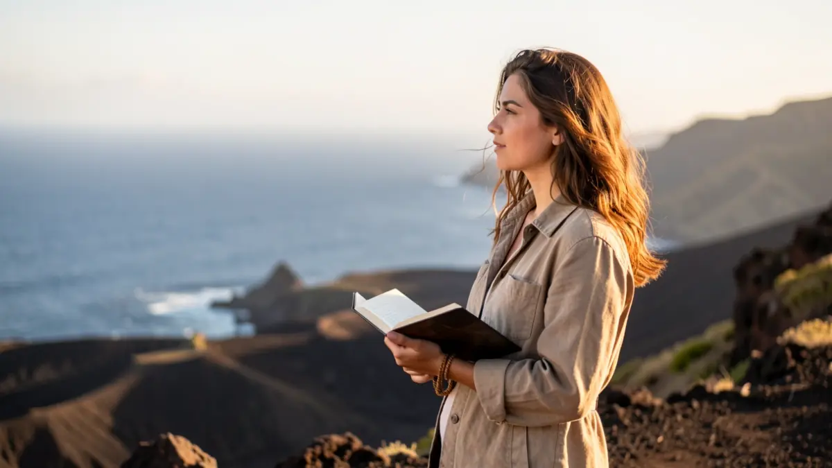 Imagen de una joven poeta en un paisaje volcánico de Canarias, mirando al horizonte.
