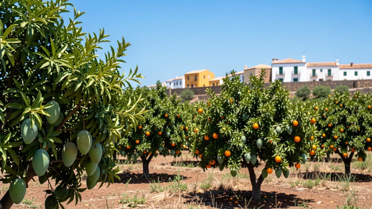 Imagen genérica de una finca de árboles frutales en Gran Canaria con arquitectura tradicional.