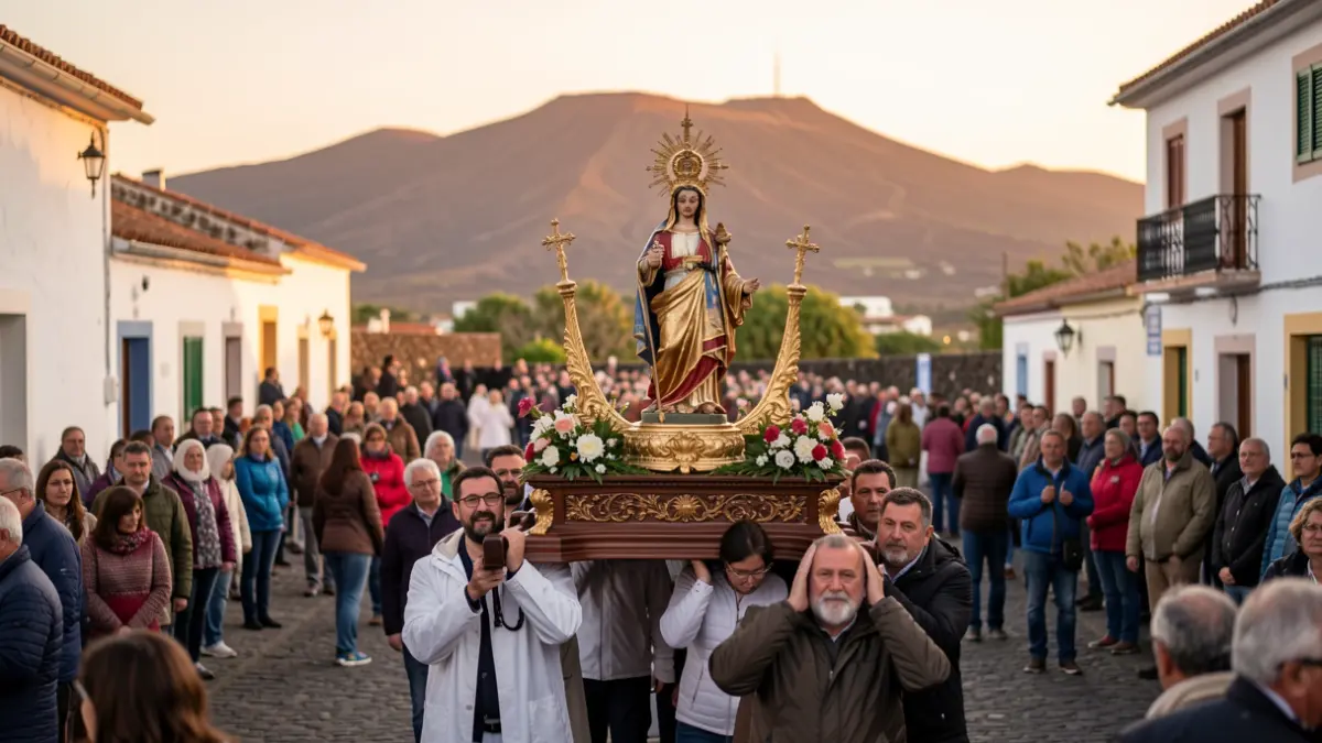 Generic image of a religious procession in a Canary Islands village with devotees and volcanic landscape in the background.