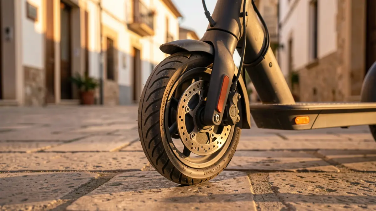 Primer plano de la rueda de un patinete eléctrico aparcado en una acera empedrada de un pueblo de las islas Canarias, con la luz cálida del atardecer.