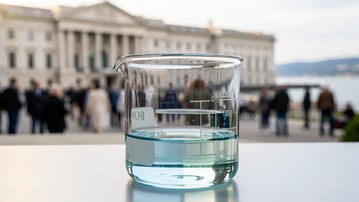 Imagen genérica de un vaso de precipitados de laboratorio con líquido y un edificio gubernamental al fondo.