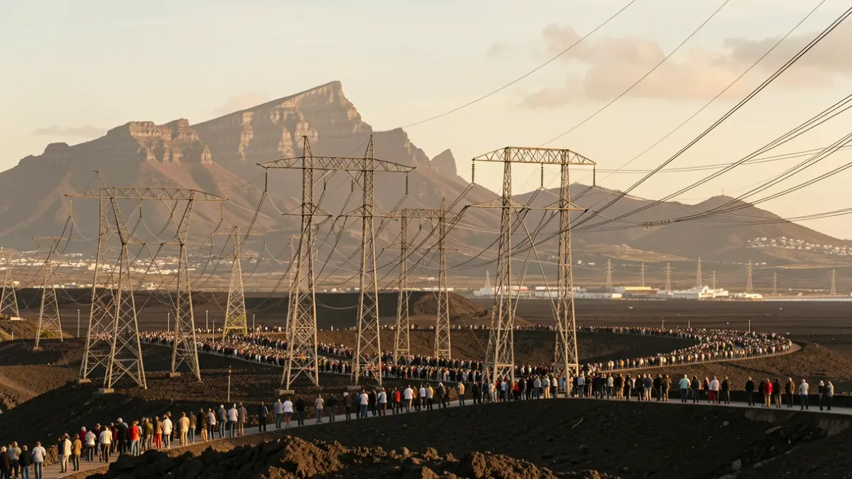 Endesa power grid infrastructure in a volcanic landscape of Tenerife, with a large gathering in the distance.