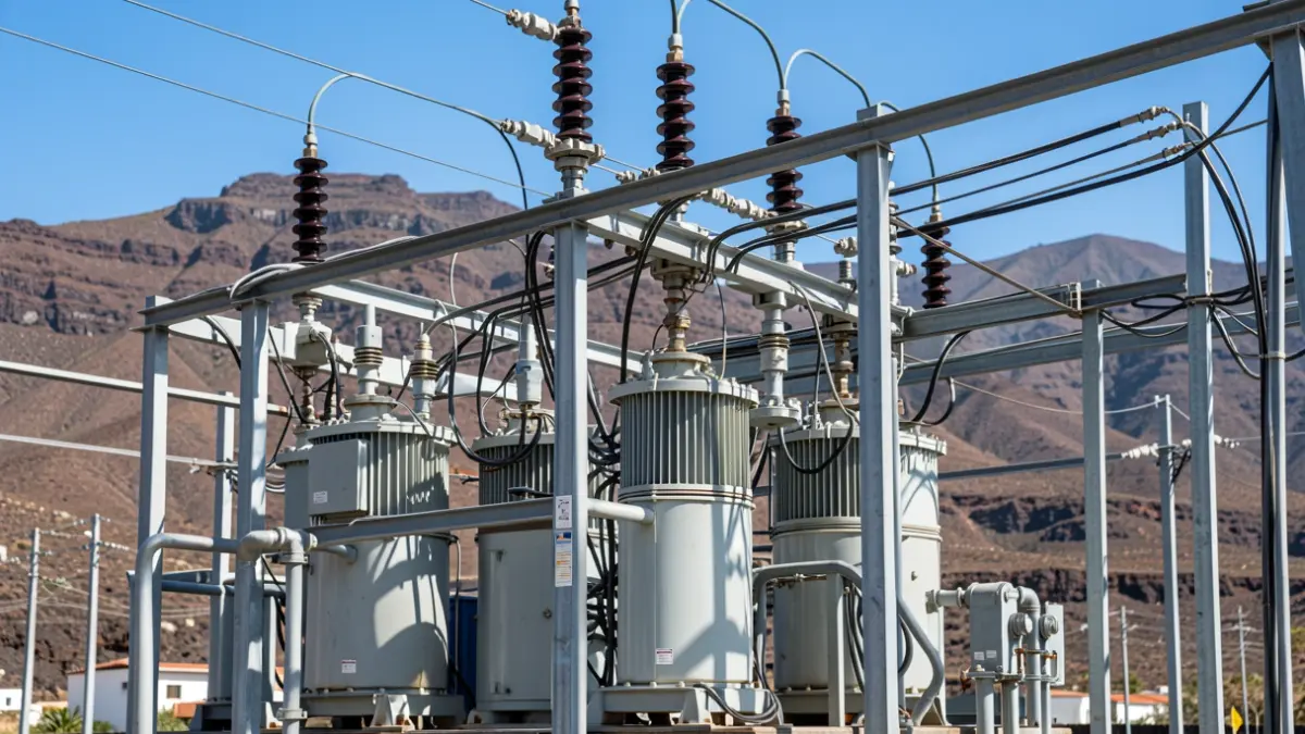 Image of a modern electrical substation in the Canary Islands, showing transformers and wiring.
