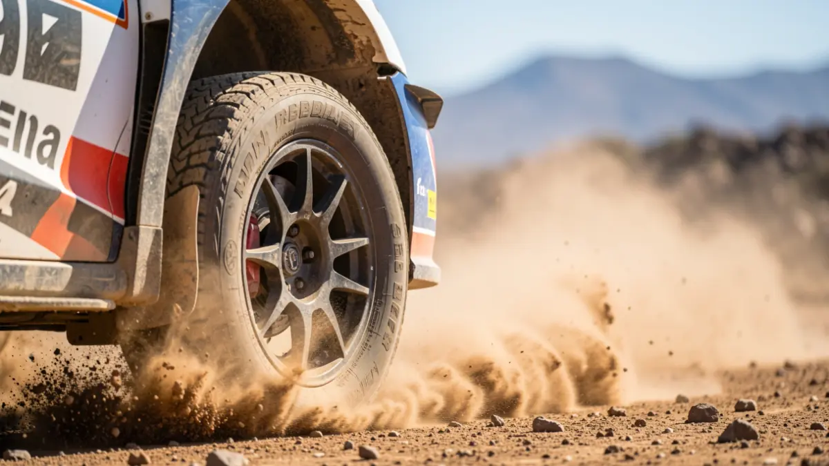 Image of a rally car kicking up dust on a dirt track in the Canary Islands.