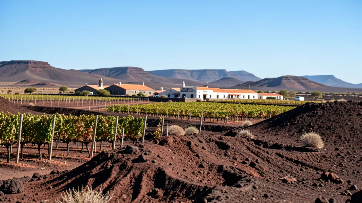 Paisaje volcánico de Lanzarote con viñedos y Bodegas La Geria.