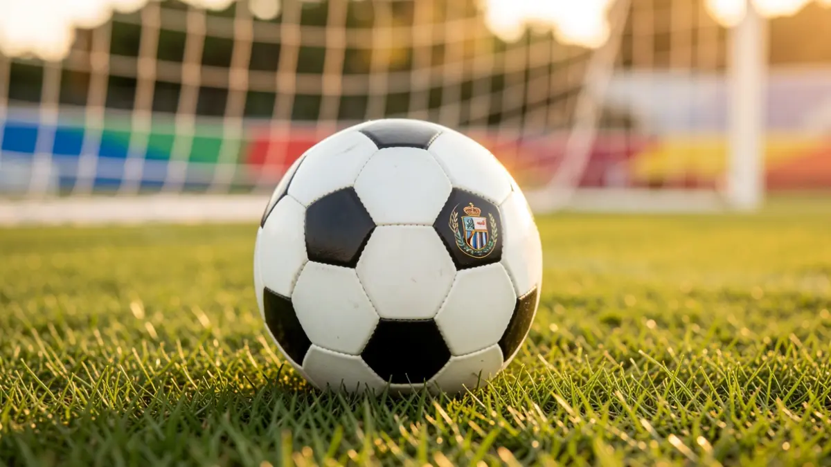 Generic image of a soccer ball on grass with the net in the background.