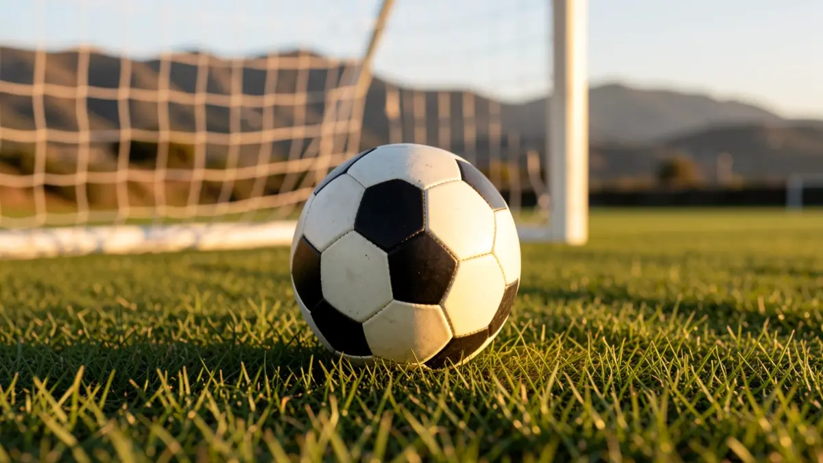 Generic image of a soccer ball on grass with the goal blurred in the background.