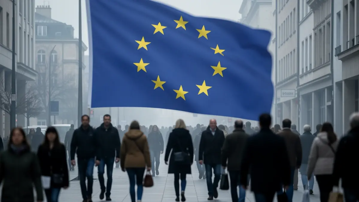 Generic image of migrant people and the European Union symbol.