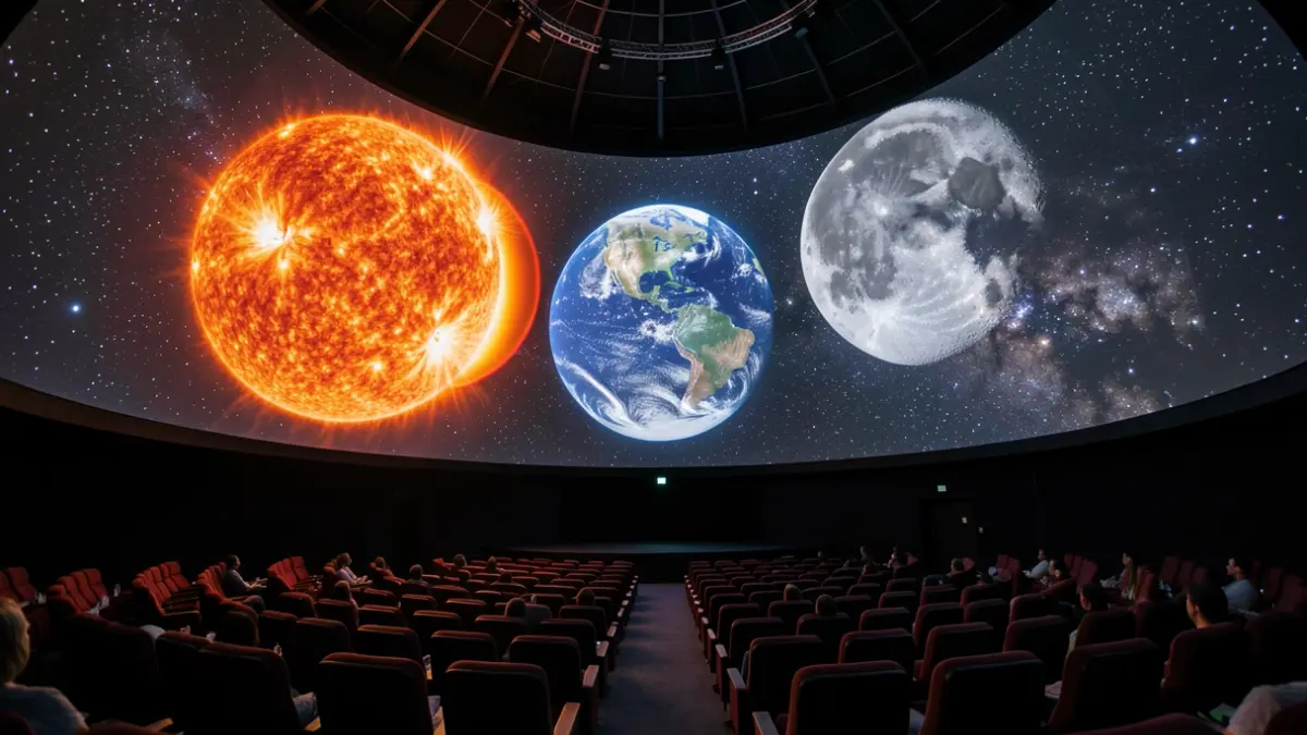 Fulldome projection of a solar eclipse in a planetarium, showing the alignment of the Sun, Moon, and Earth with scientific rigor.