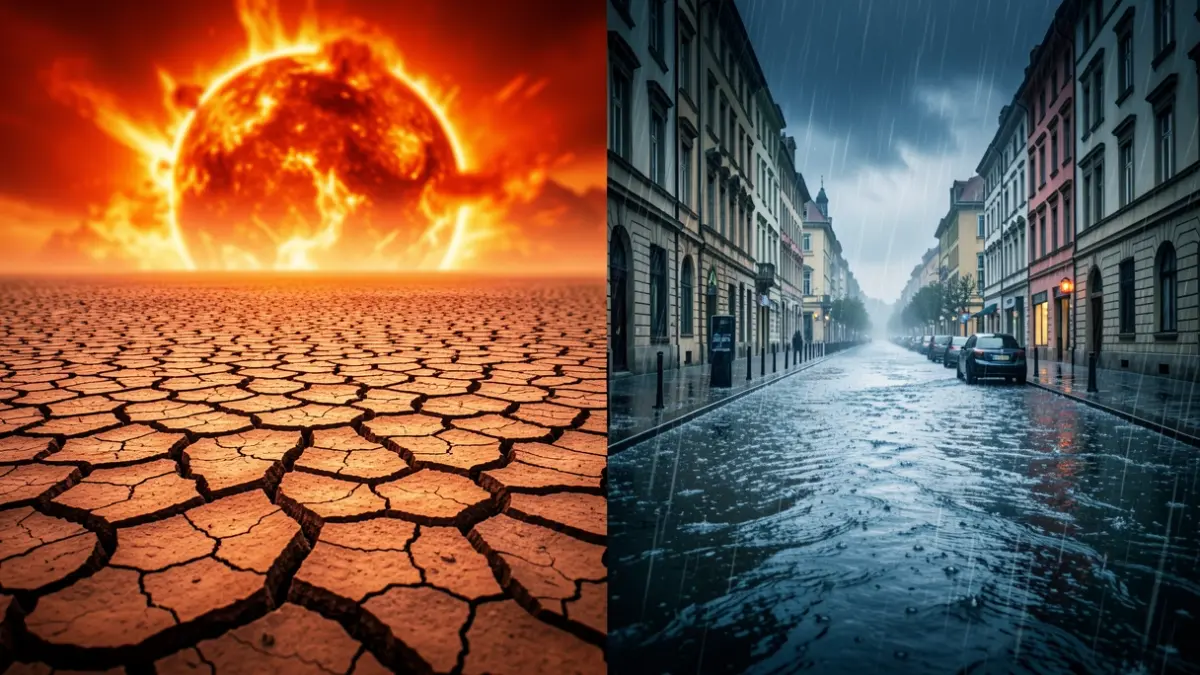 Image representing the effects of climate change in Europe, showing drought and floods.