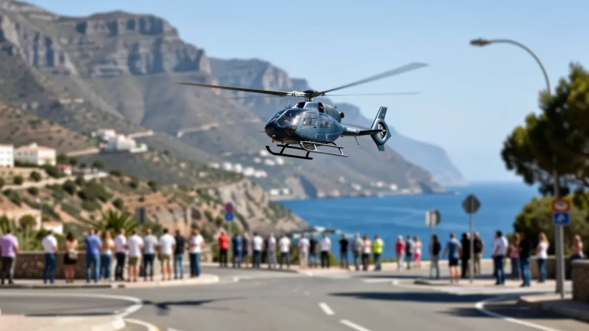Generic image of an emergency helicopter over a road in the Canary Islands.