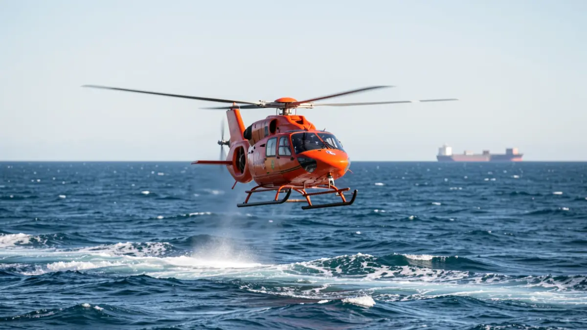 Generic image of a rescue helicopter over the sea near a ship.