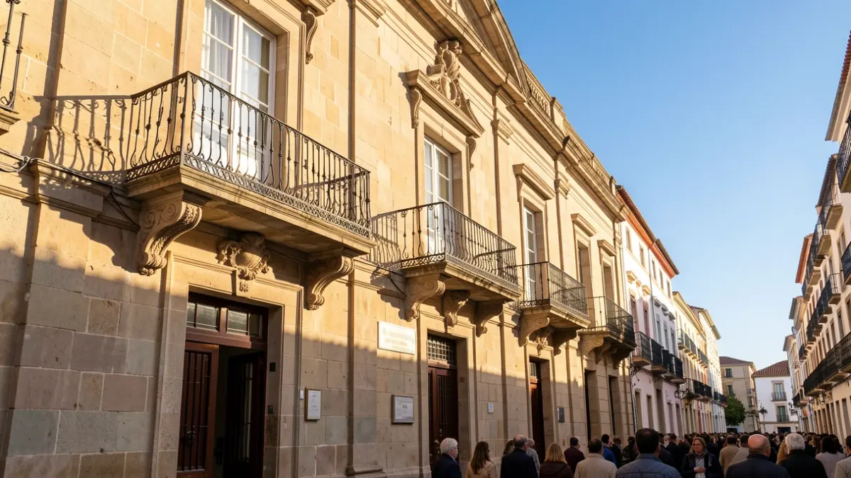 Fachada de un ayuntamiento canario de piedra con balcón y barandillas de hierro, luz cálida de la tarde.