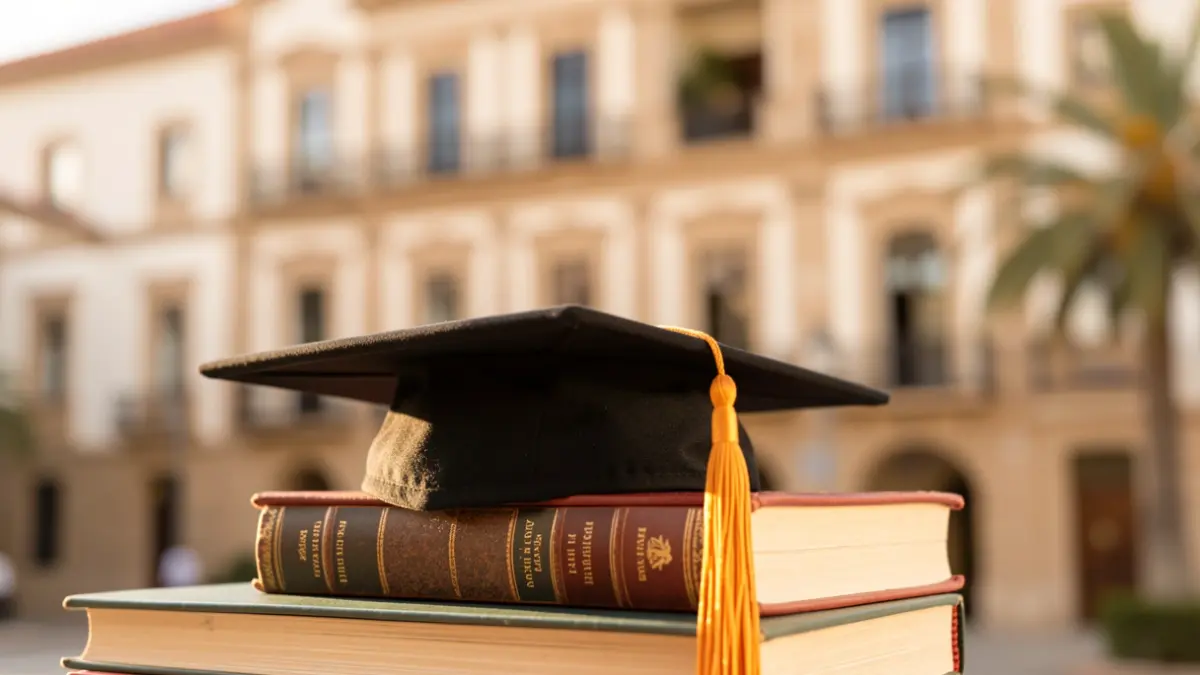 Generic image of a graduation cap on academic books with the ULPGC facade blurred.