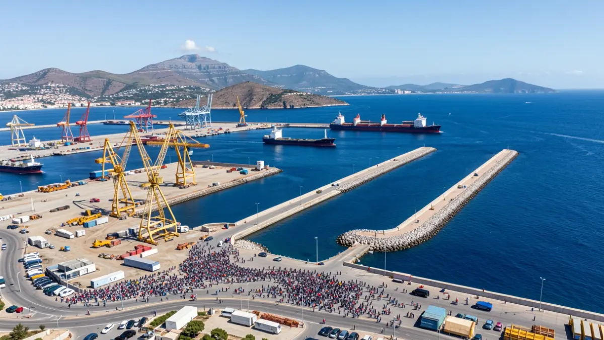 Imagen aérea de la ampliación del puerto de Arinaga con grúas y barcos.
