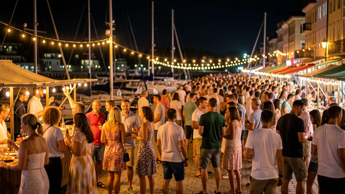 Generic image of a summer festival in a port with lights and people.
